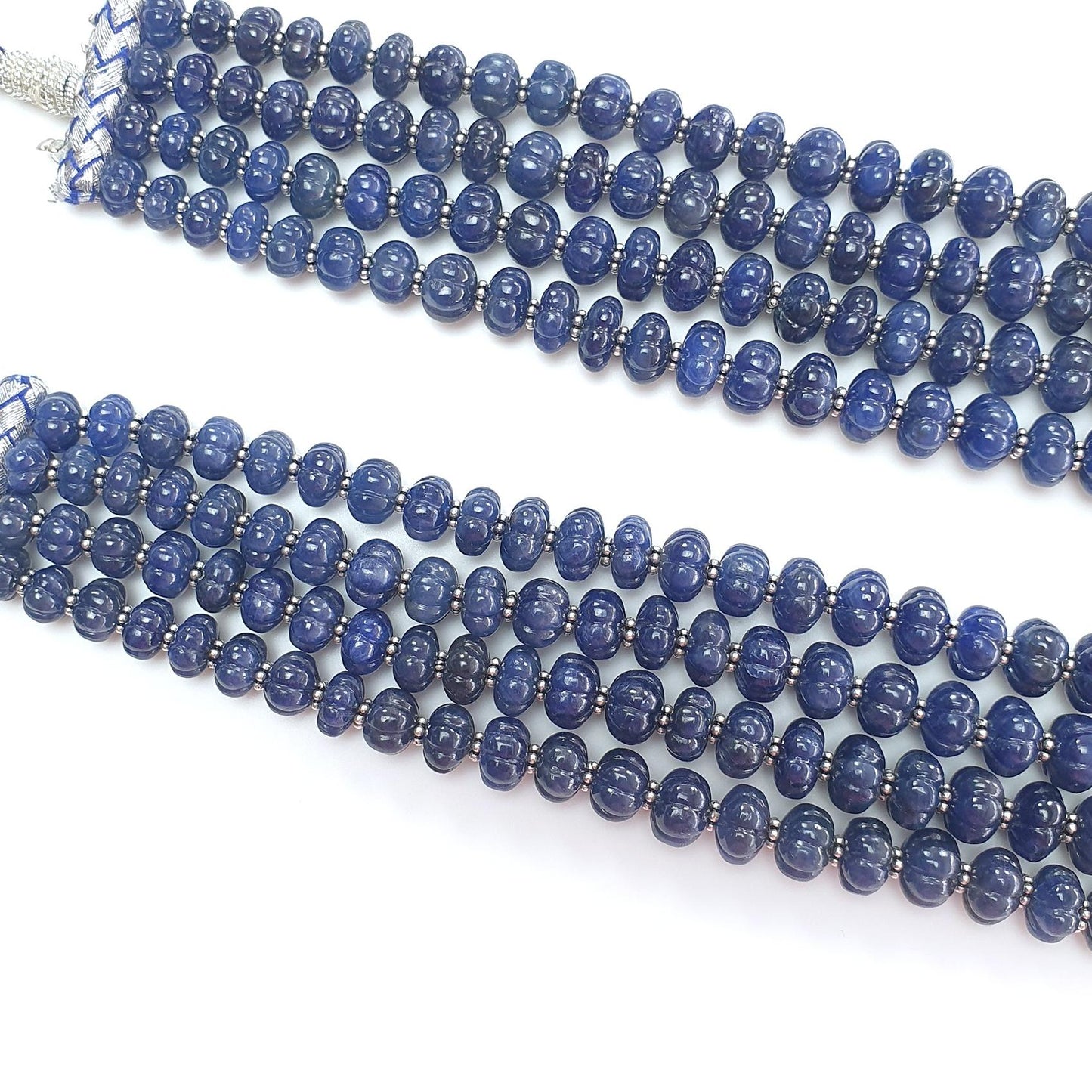 Blue Sapphire Gemstone Melon Beads Necklace : 1456.60cts Natural Sapphire Hand Carved Rondelle Melon Beads 7mm-11mm 16 "- 21"