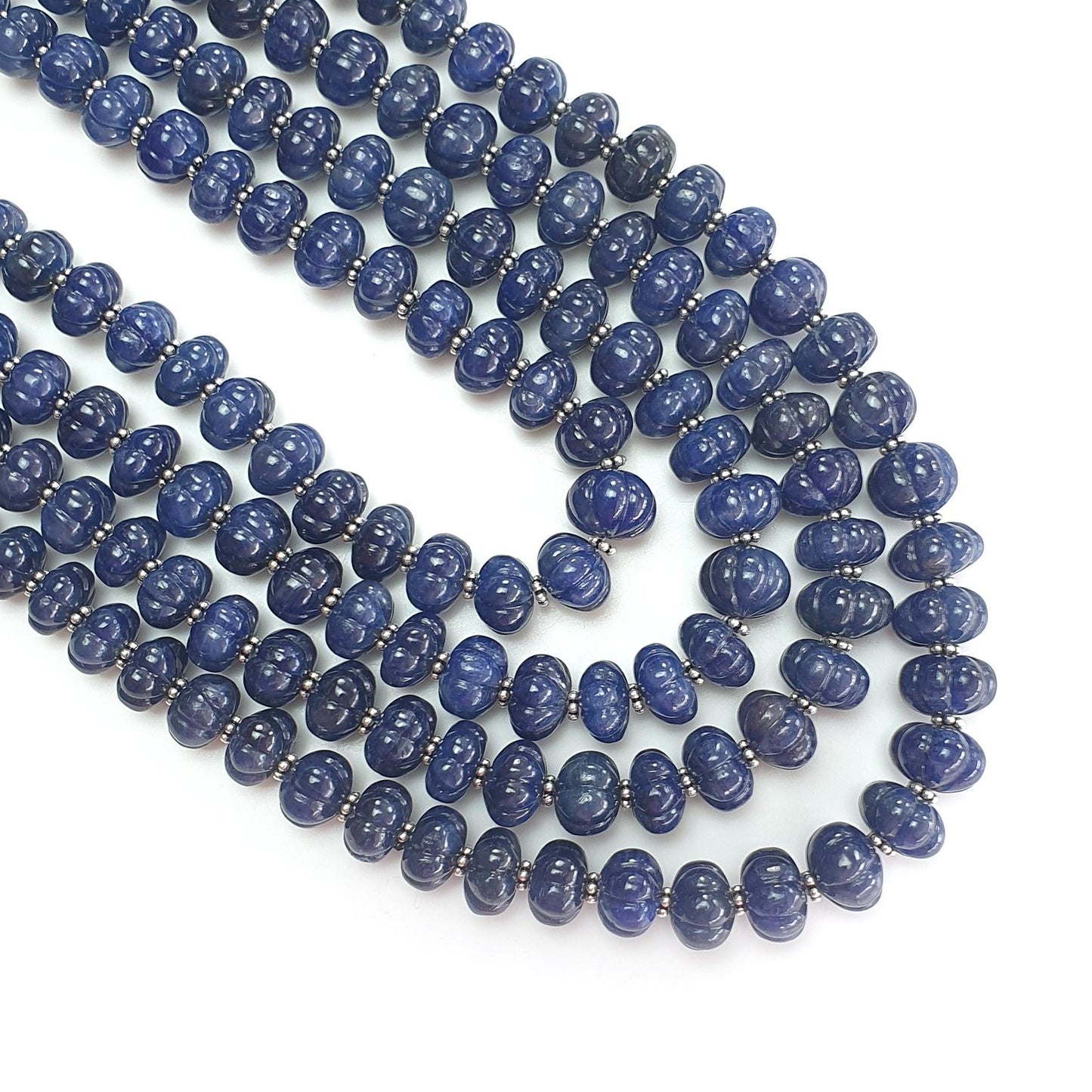 Blue Sapphire Gemstone Melon Beads Necklace : 1456.60cts Natural Sapphire Hand Carved Rondelle Melon Beads 7mm-11mm 16 "- 21"