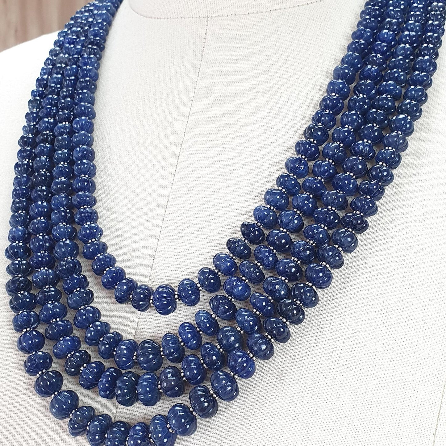 Blue Sapphire Gemstone Melon Beads Necklace : 1456.60cts Natural Sapphire Hand Carved Rondelle Melon Beads 7mm-11mm 16 "- 21"