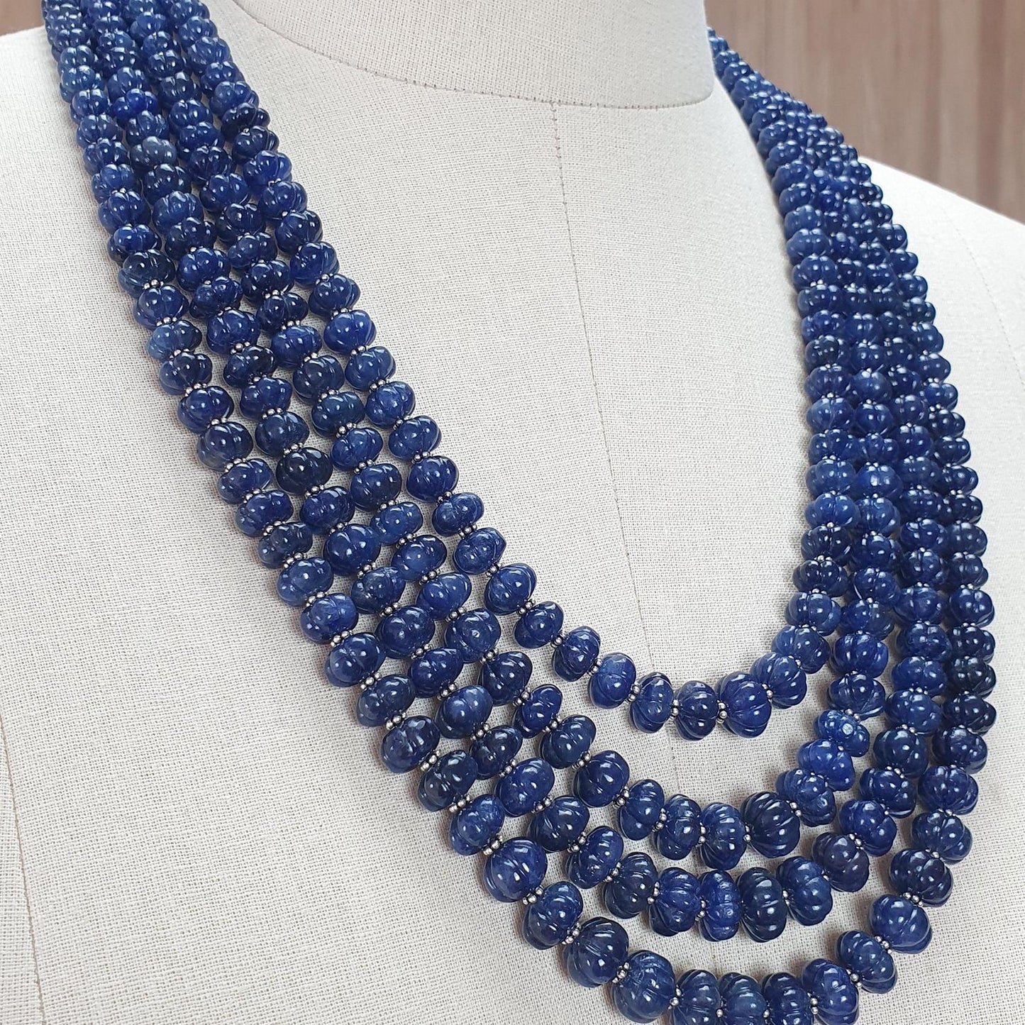 Blue Sapphire Gemstone Melon Beads Necklace : 1456.60cts Natural Sapphire Hand Carved Rondelle Melon Beads 7mm-11mm 16 "- 21"