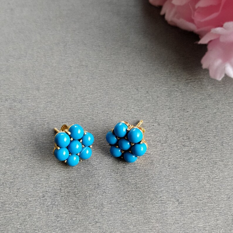 Turquoise Gemstone Brass Earring : 0.50" Handmade 18k Gold Plated 3.00GMS Brass Boho Style Round Stud Push Back Earring Gift For Her