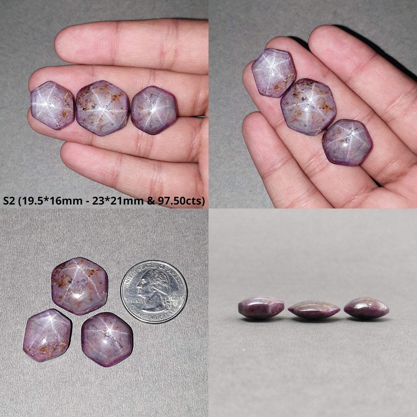 Johnson Star Ruby Gemstone Cabochon : 82cts - 97cts Natural Untreated Unheated Both Side 6Ray Star Ruby Hexagon Shape 3Pcs Sets