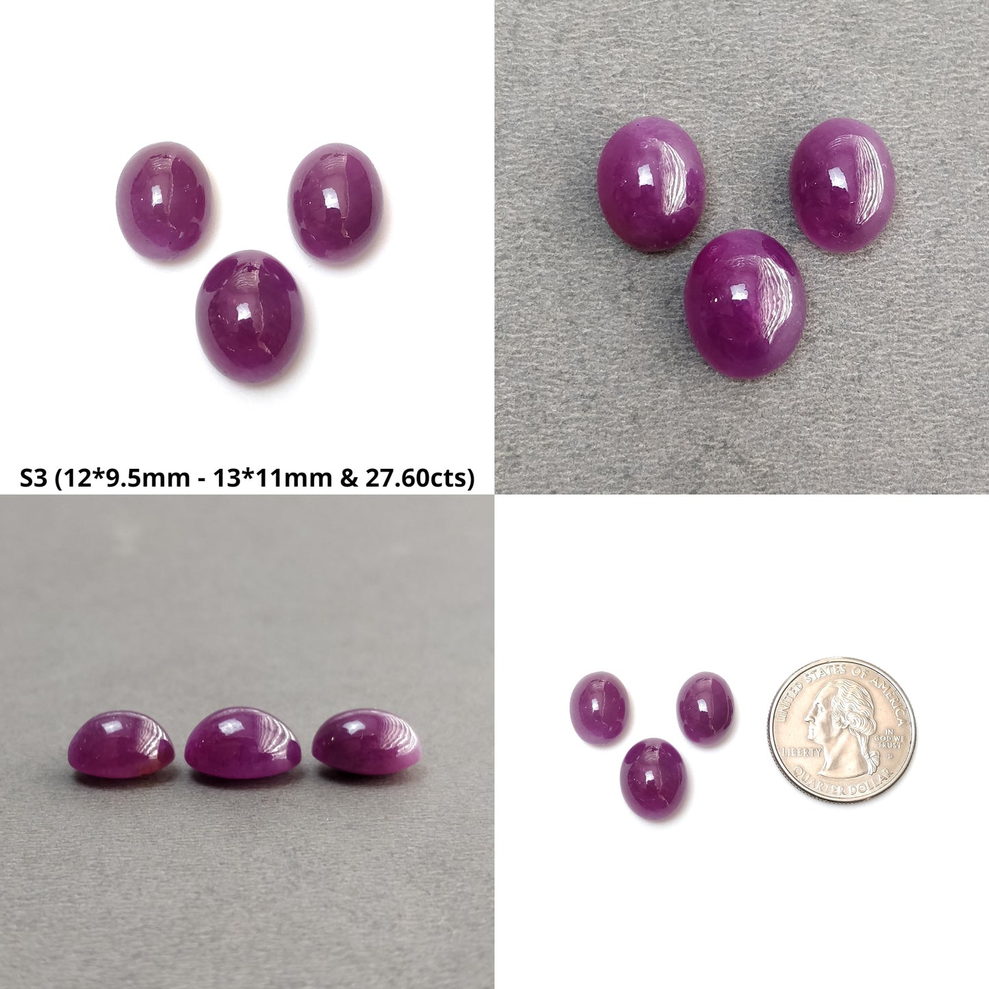 Ruby Gemstone Cabochon : Natural Untreated Unheated Ruby Oval Shape 3pcs Sets