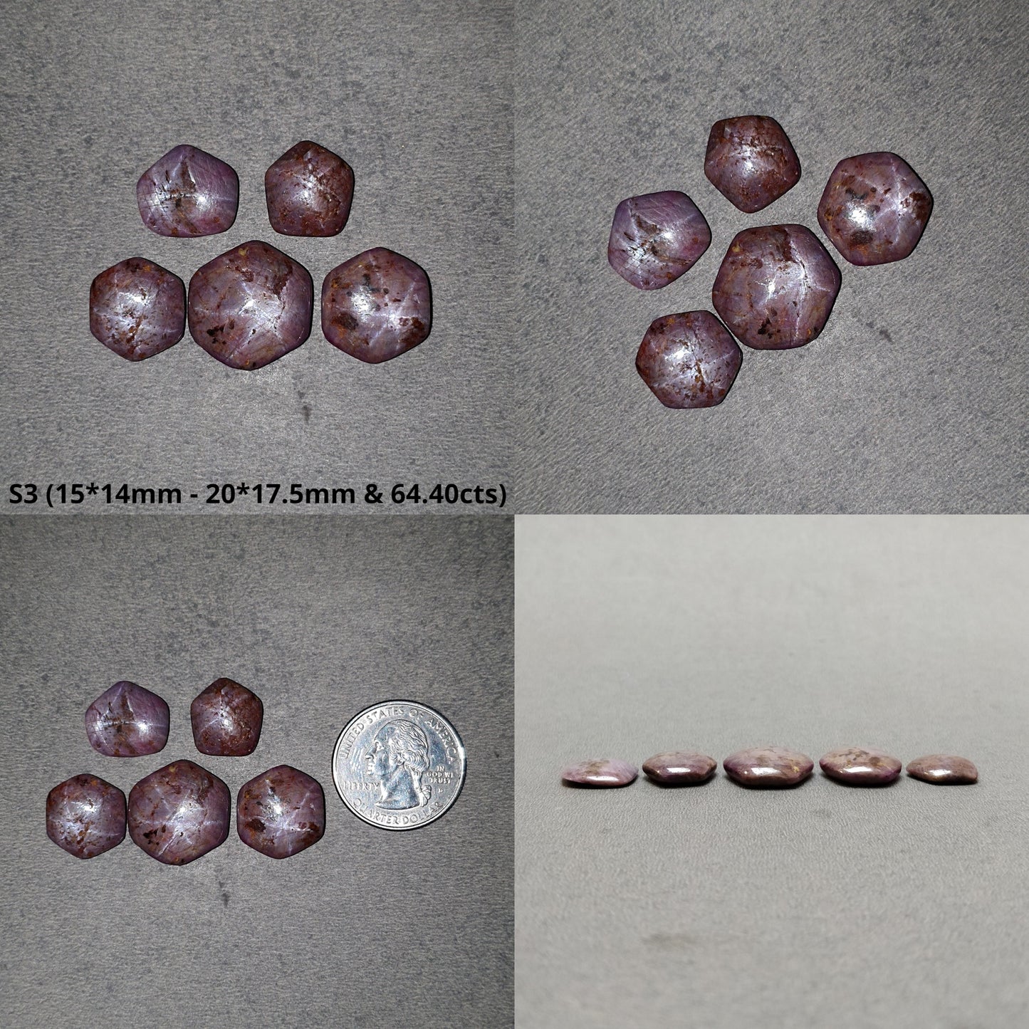 Johnson Star Ruby Gemstone Cabochon : 47cts - 84cts Natural Untreated Unheated Red 6Ray Star Ruby Hexagon Uneven Shapes 4pcs & 5pcs Sets