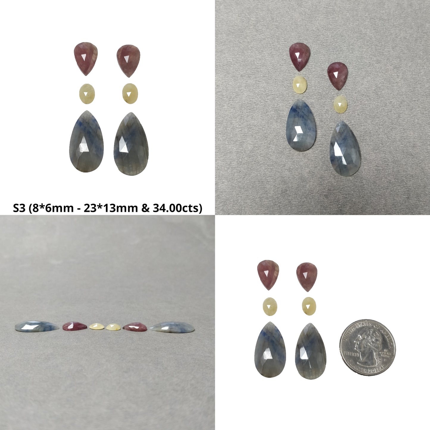 Multi Sapphire Gemstone Rose Cut : Natural Untreated Unheated Sapphire Bi-Color Pear Shape Sets For Jewelry