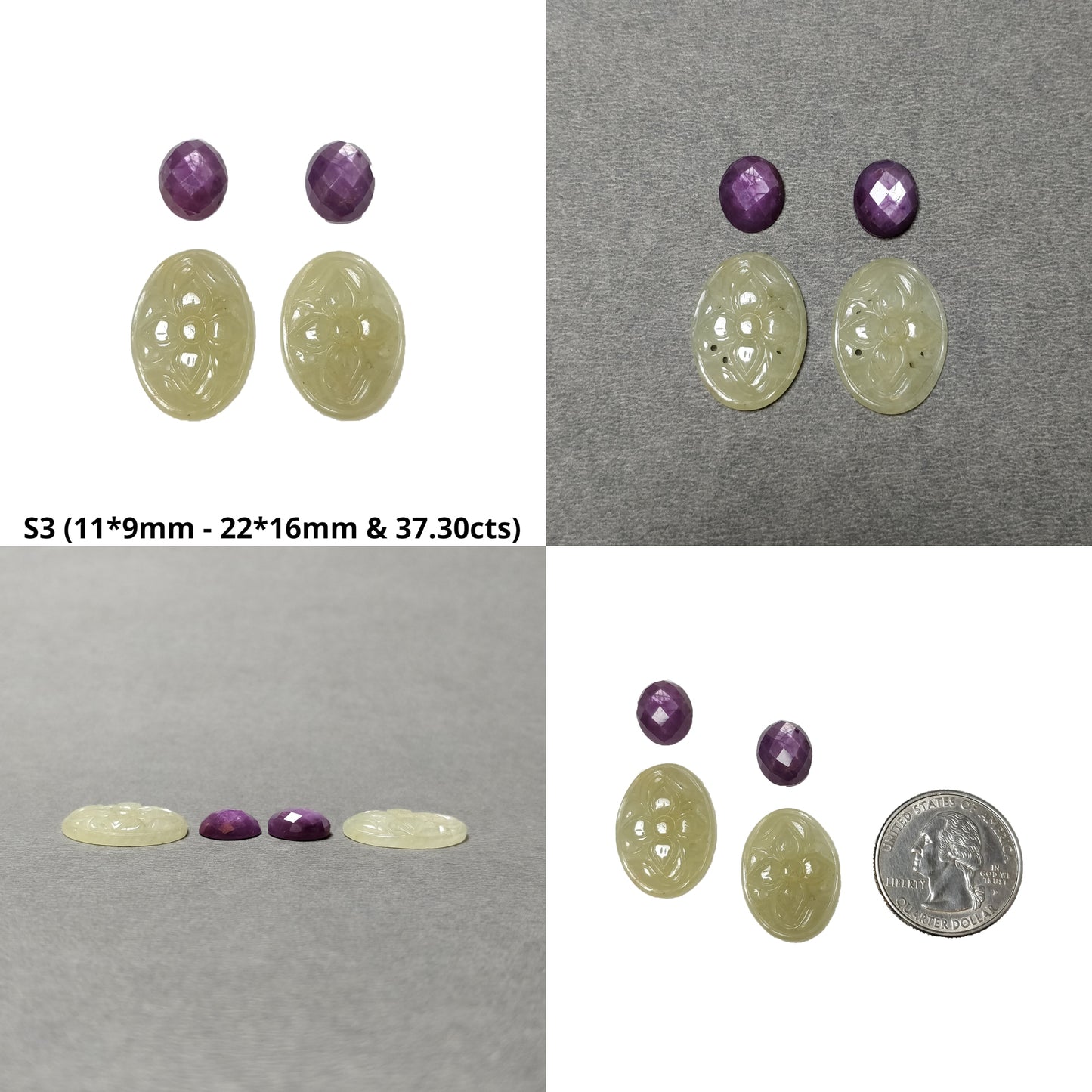 Yellow & Pink Sapphire Gemstone Carving And Rose Cut : Natural Untreated Sapphire Oval Round Shapes 4pcs Sets