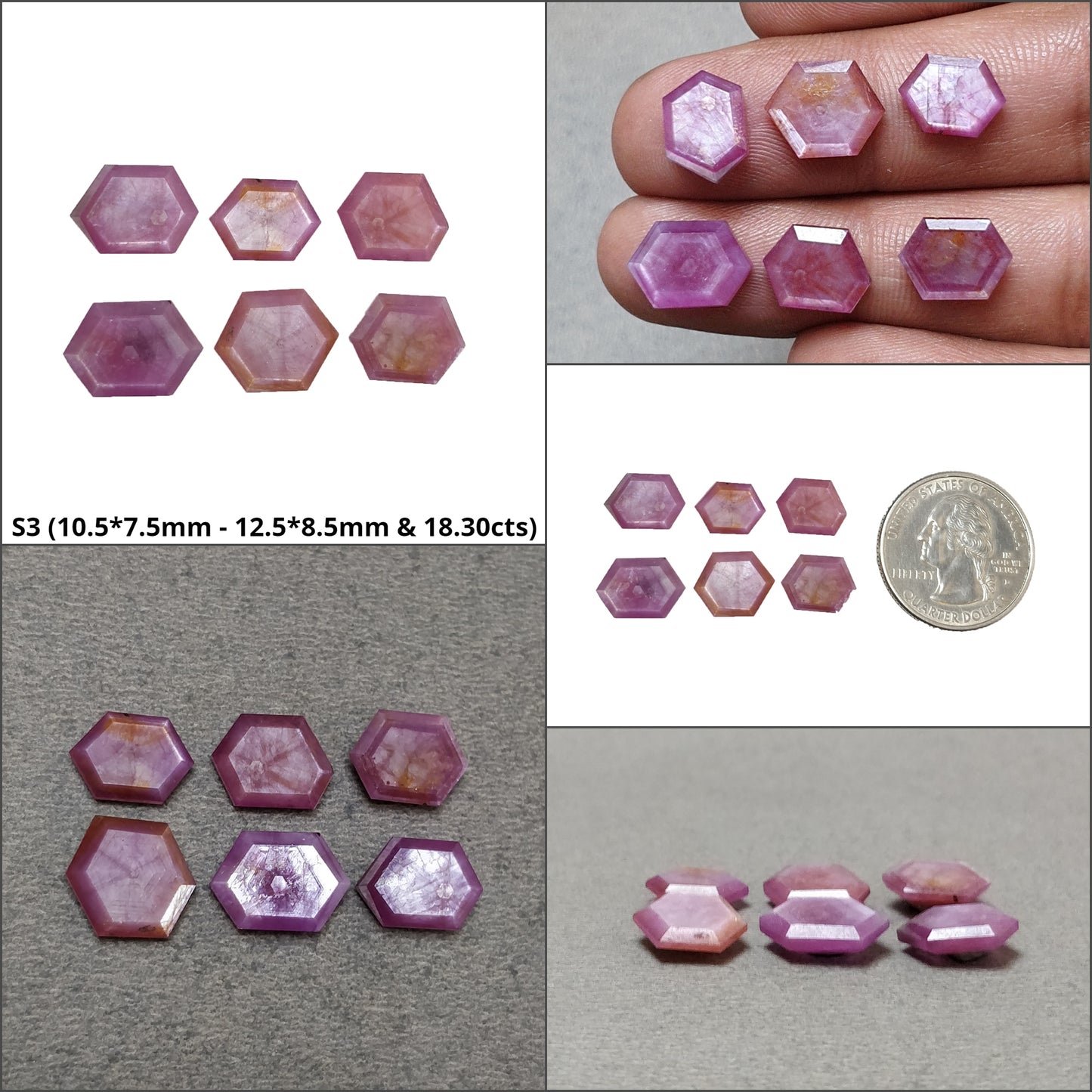 Sapphire TRAPICHE Normal Cut : Natural Untreated Raspberry Pink Sheen Sapphire Gemstone 6Ray Trapiche Hexagon Shape Sets
