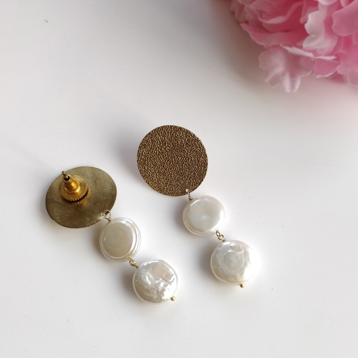 Pearl Enameling Gemstone Brass Earring : 2"*0.75" Handmade 18k Gold Plated 8.00gm Boho Style Round Shape Push Back Drop Dangle Earring