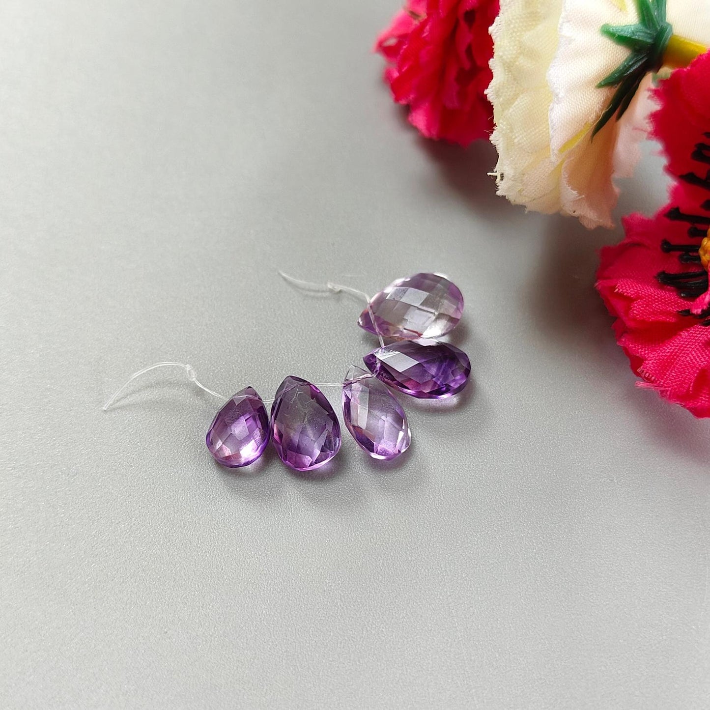 Purple Amethyst Gemstone Checker Cut Loose Beads: 13.30cts Natural Untreated Purple Amethyst Pear Briolette Beads 9*7mm - 13*9mm 5pcs