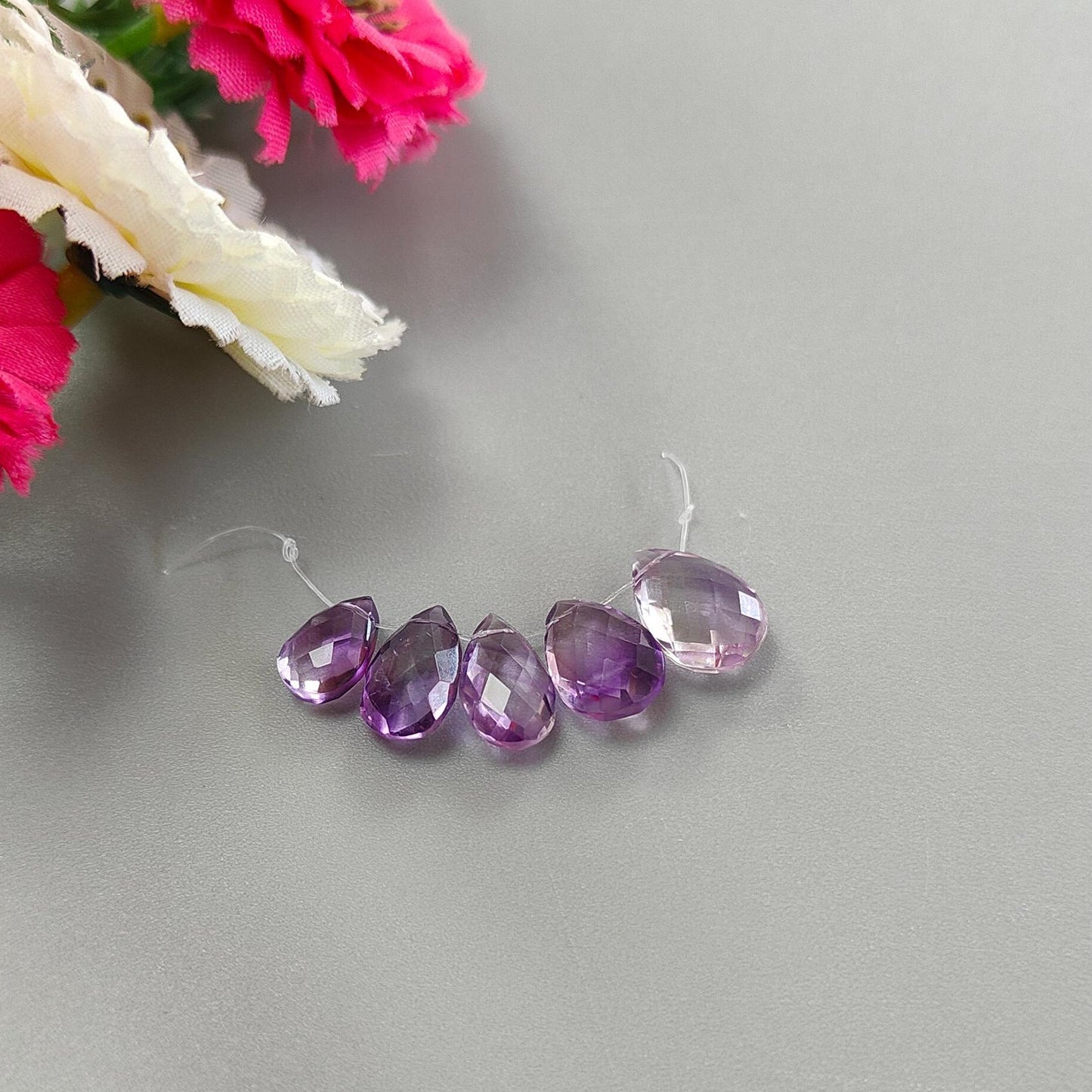 Purple Amethyst Gemstone Checker Cut Loose Beads: 13.30cts Natural Untreated Purple Amethyst Pear Briolette Beads 9*7mm - 13*9mm 5pcs