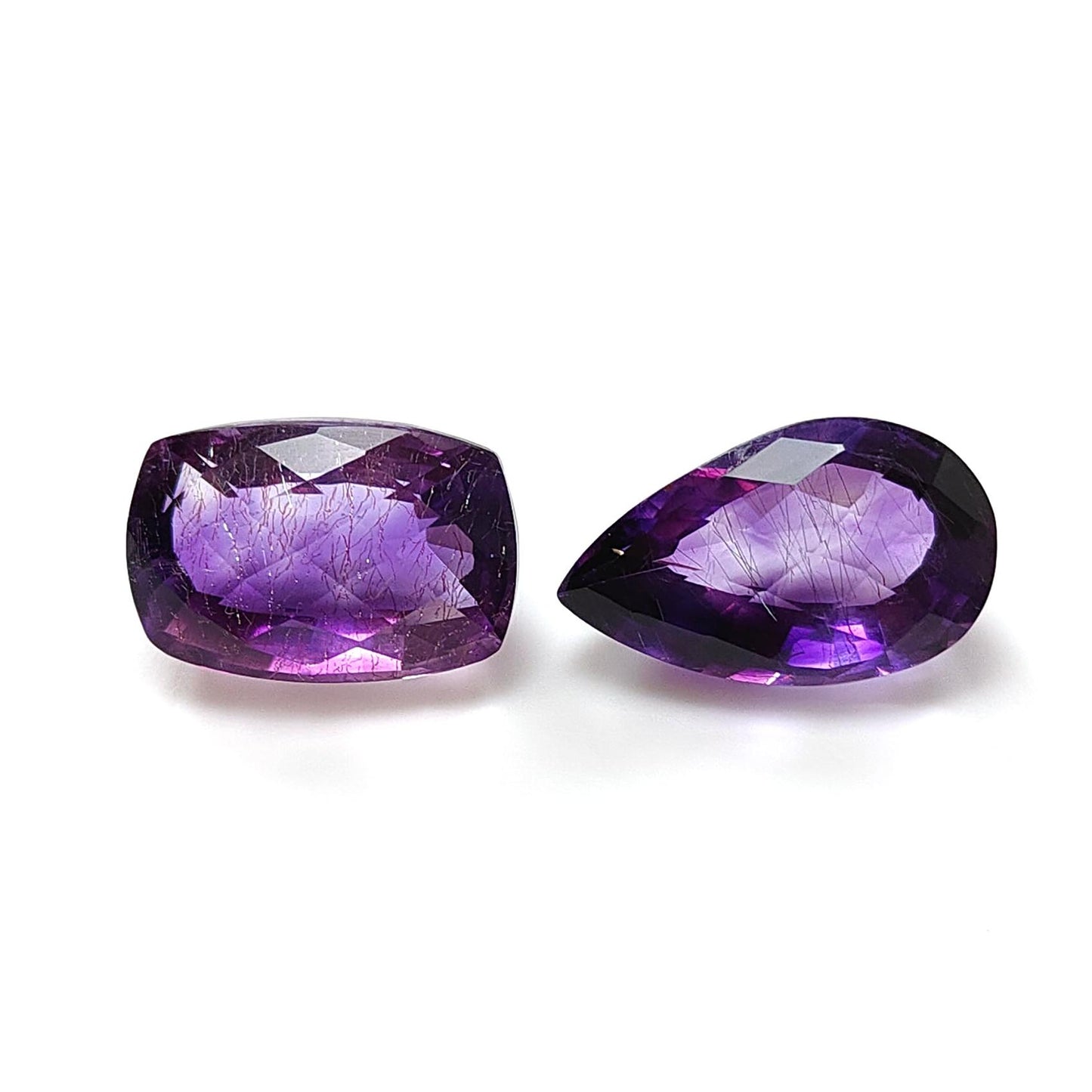 Rutile Amethyst Quartz Gemstone Checker Cut: Natural Untreated Purple Amethyst Oval, Pear & Baguette Shape 2pcs Set for Jewelry February Birthstone