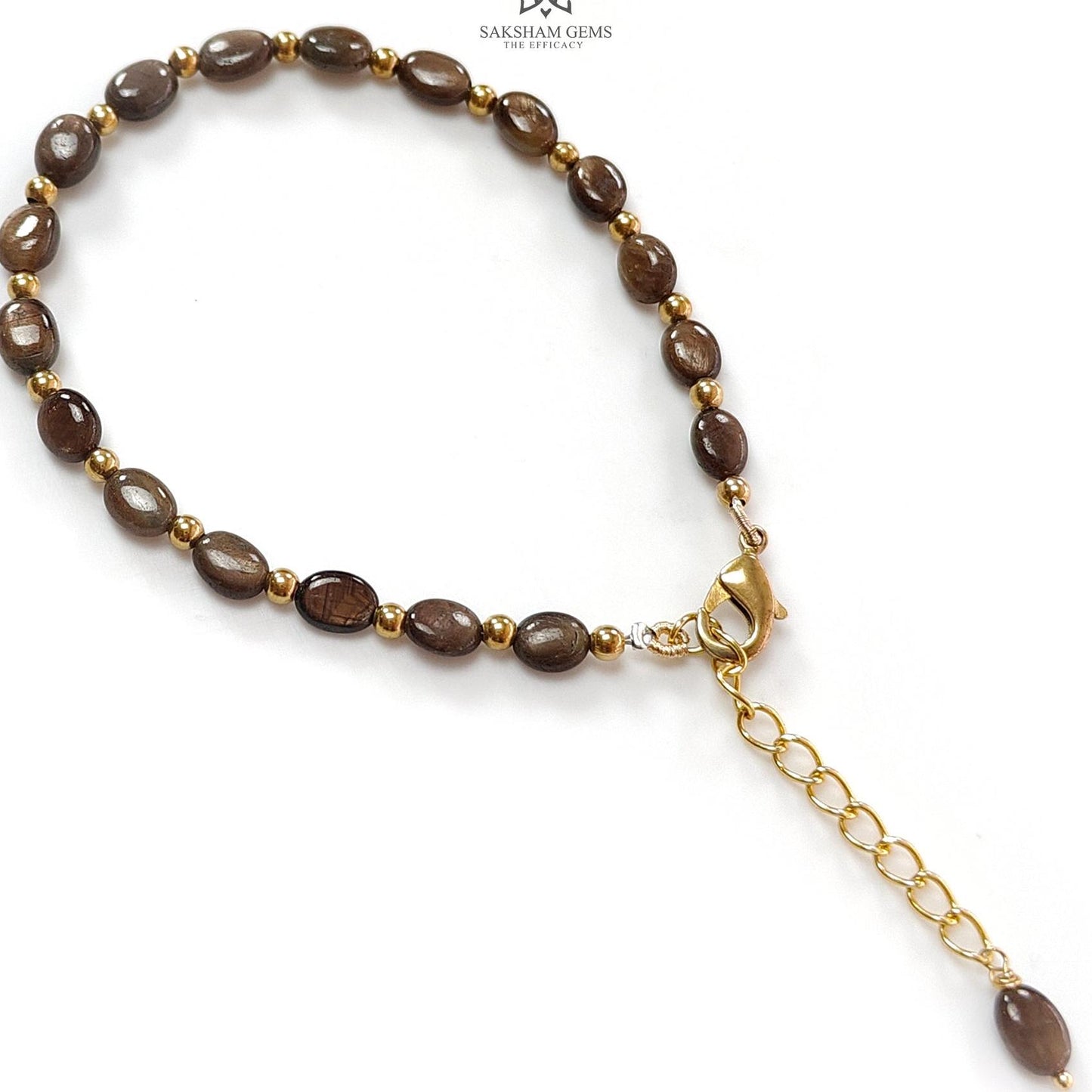 Golden Brown Chocolate Sapphire Beads Bracelet: 7.14gms Natural Untreated Sapphire Oval Shape Plain Brass Bracelet 6*5mm 6.70"