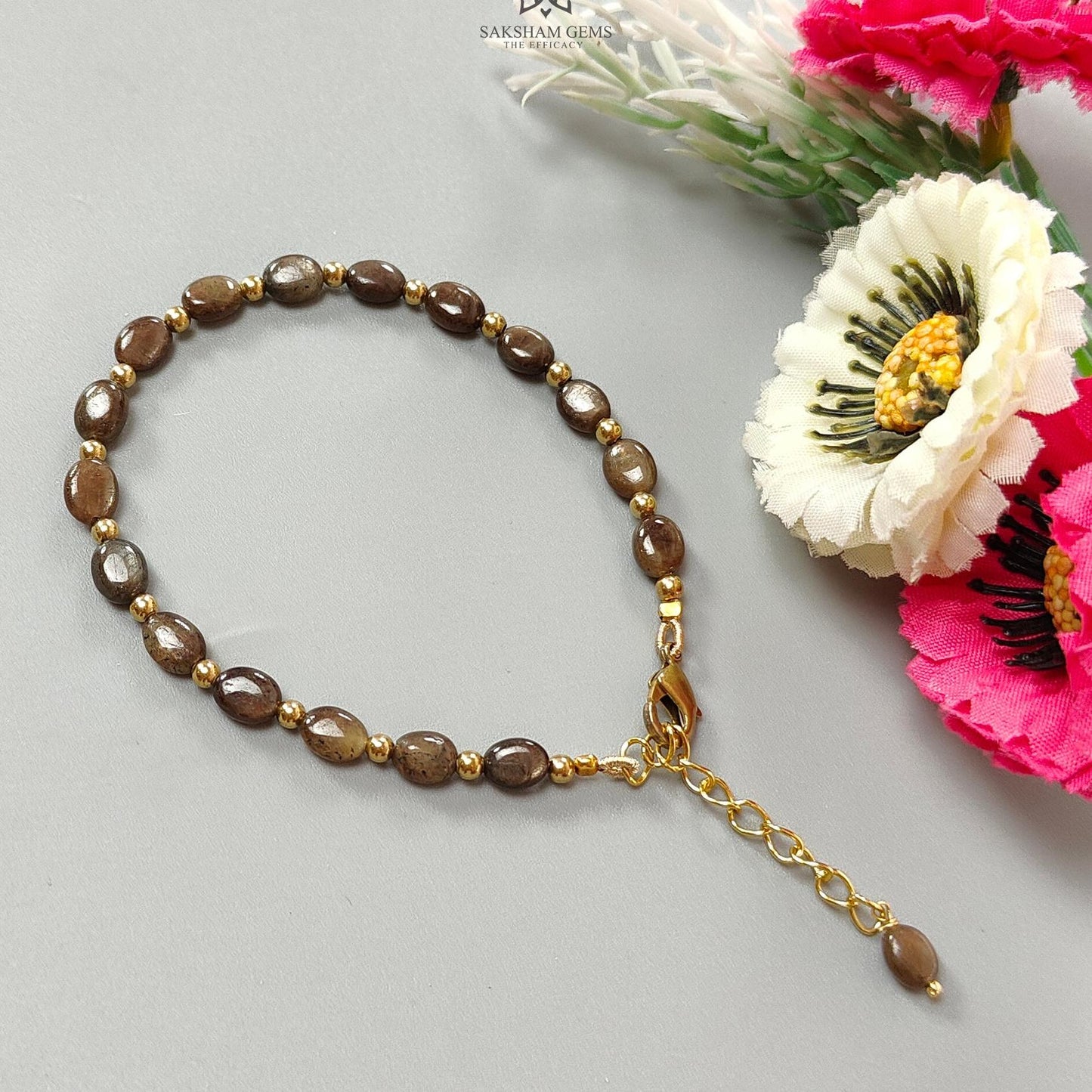 Golden Brown Chocolate Sapphire Beads Bracelet: 7.19gms Natural Untreated Sapphire Oval Shape Plain Brass Bracelet 7*5mm 6.50"