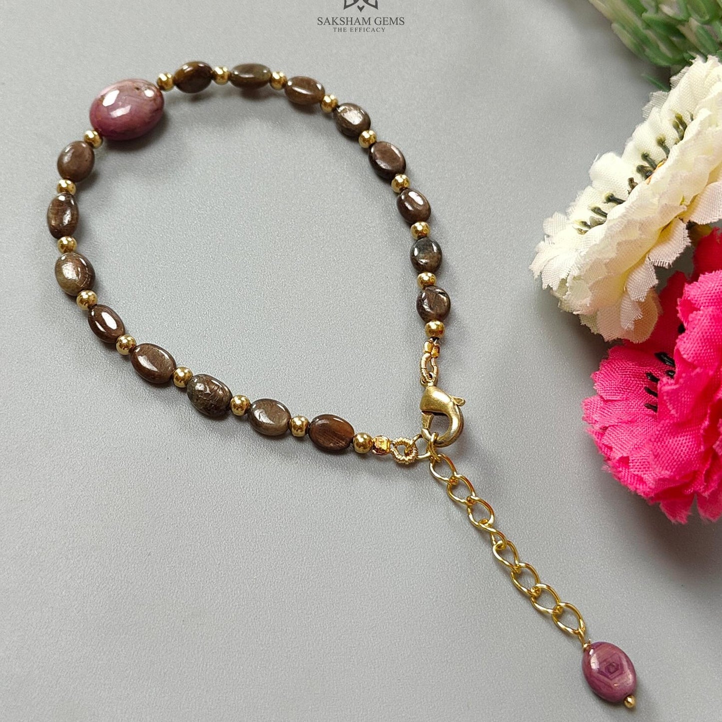 Golden Brown Chocolate Sapphire Beads Bracelet: 39.75cts Natural Untreated Ruby Oval Plain Brass Bracelet 7*5mm - 13*9mm 6.50"