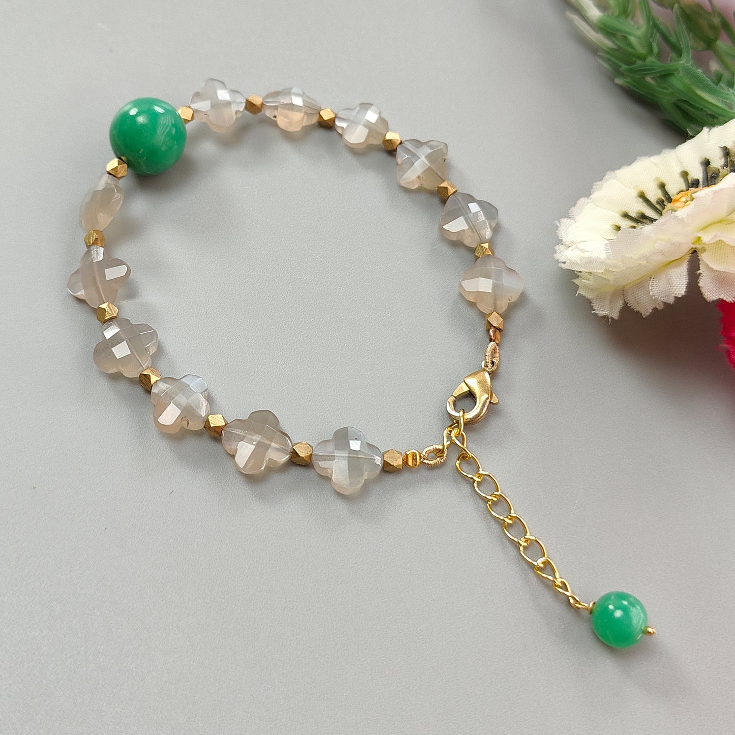 Gray Moonstone Beads Bracelet: 59.65cts Natural Green Chrysoprase Fancy Both Side Faceted Checker Cut Brass Bracelet 9mm - 13mm 6.70"
