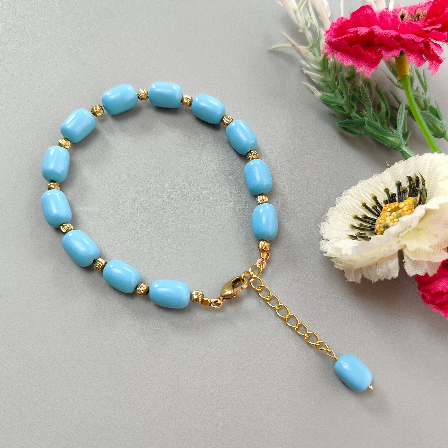 Blue Synthetic Turquoise Beads Bracelet: 63.20cts Simulant Turquoise Baguette Plain Brass Bracelet 11mm 7"