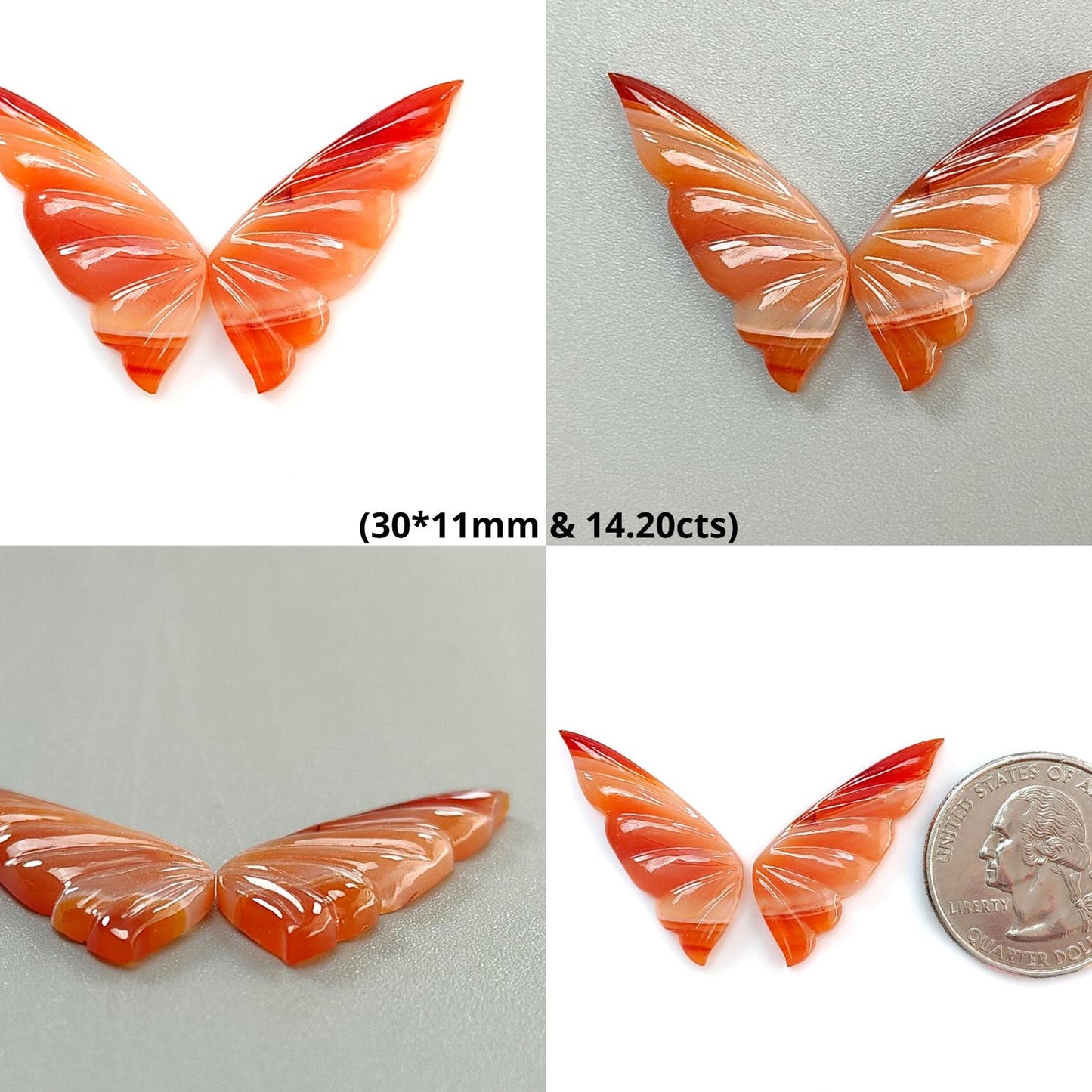 Peach Moonstone, Bi-Color Agate & Pink Opal Gemstone Carving: Natural Untreated Multi Color Gemstone Hand Carved Butterfly Pair for Jewelry