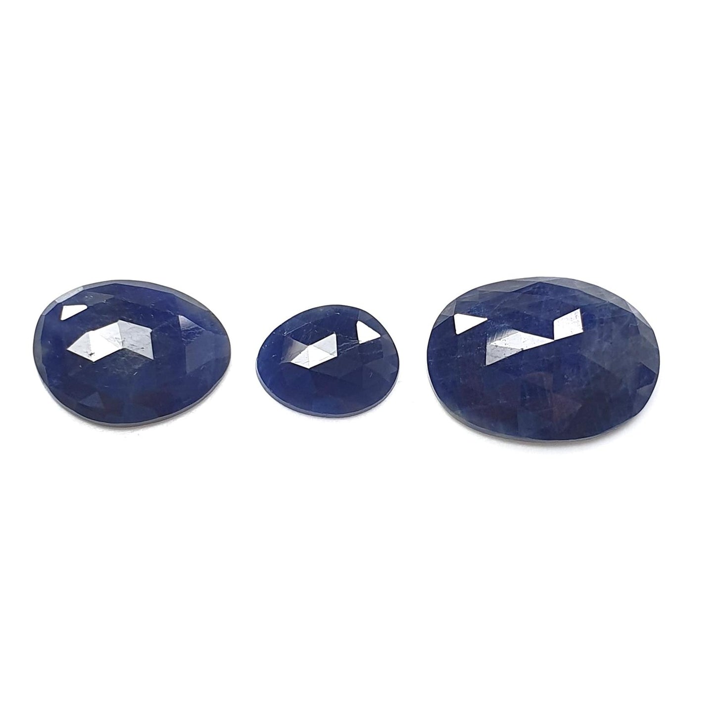 Blue Sapphire Gemstone Rose Cut Slices: Natural Untreated Unheated Sapphire Round, Oval Shape 3pcs Set for Jewelry September Birthstone