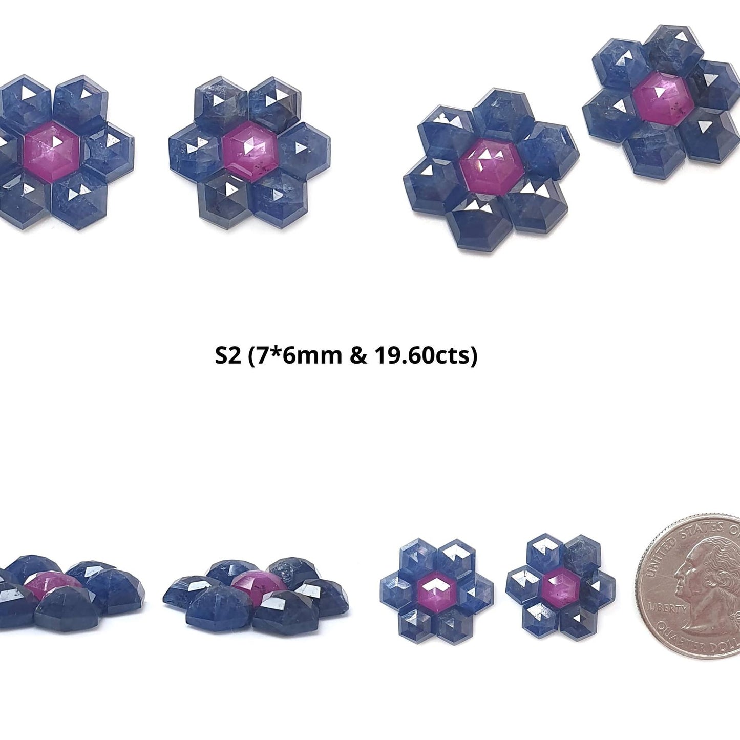 Sapphire Gemstone Step Cut: Natural Untreated Blue & Raspberry Pink Sapphire Hexagon Shape Faceted 14pcs Sets for Jewelry