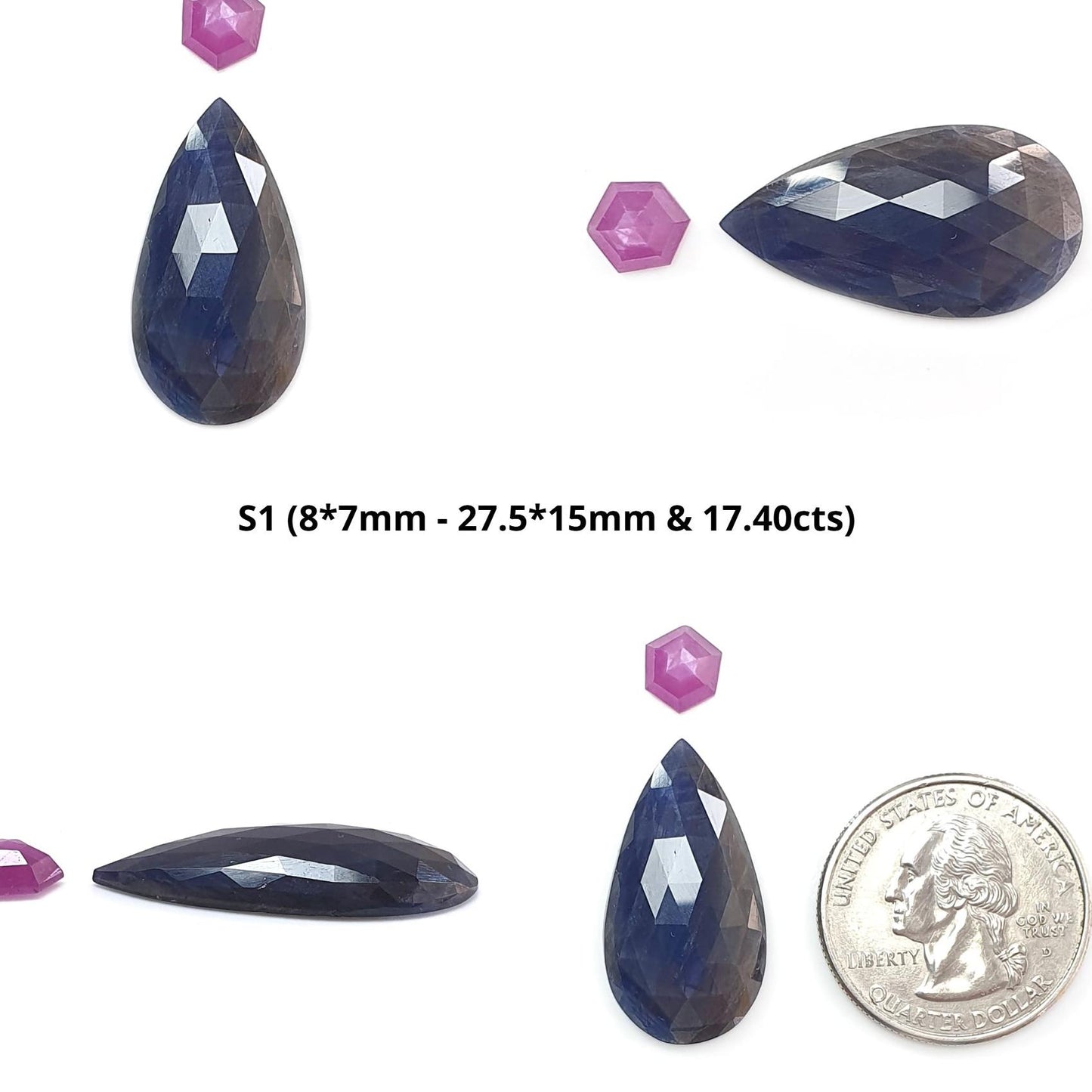 Blue, Pink Sapphire Gemstone Rose Cut Slices: Natural Untreated Unheated Sapphire Pear Shape 2pcs Set for Jewelry September Birthstone
