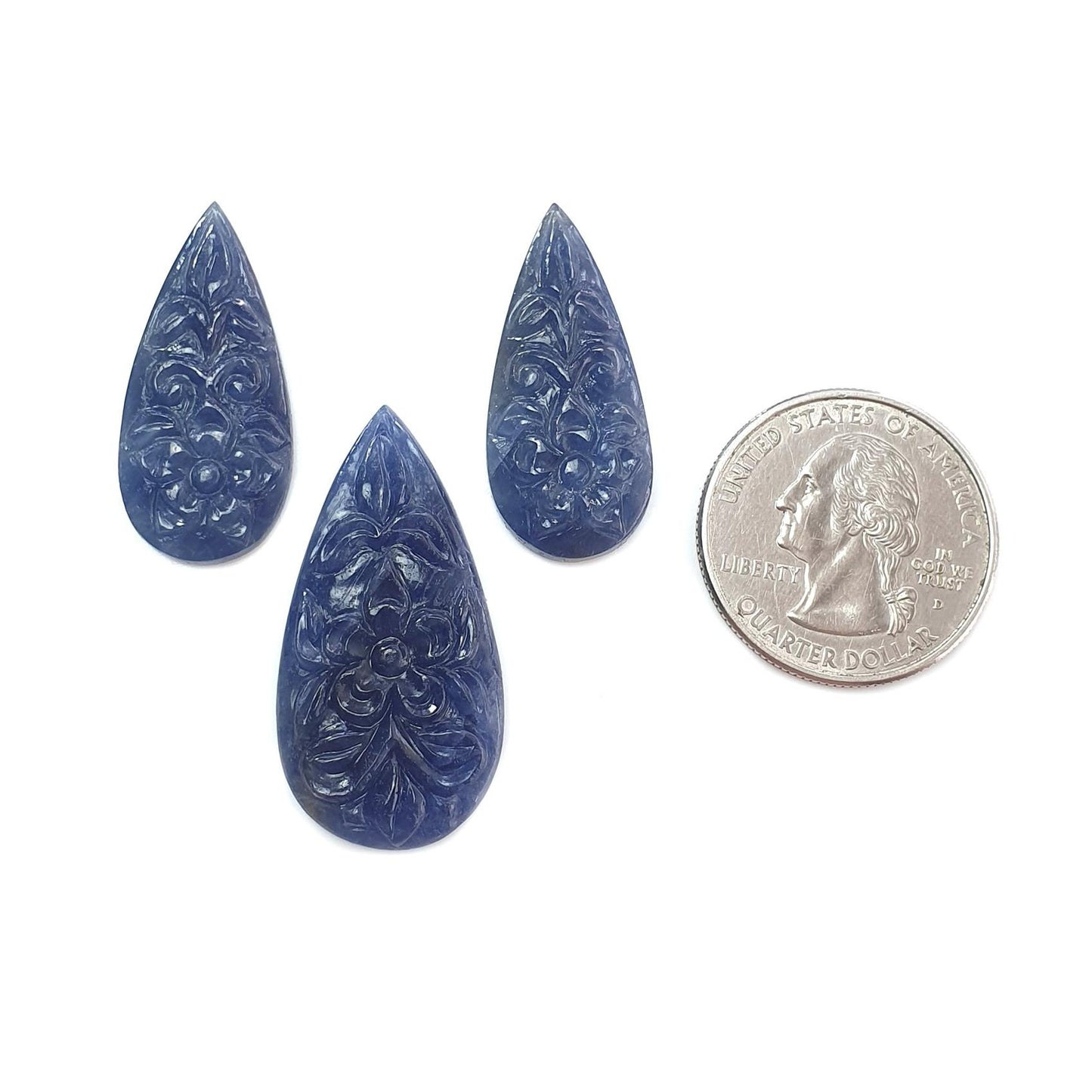 Blue Sapphire Gemstone Carving: 60.00cts Natural Untreated Sapphire Hand Carved Pear Shape 30*14mm - 35*18mm 3pcs Set September Birthstone