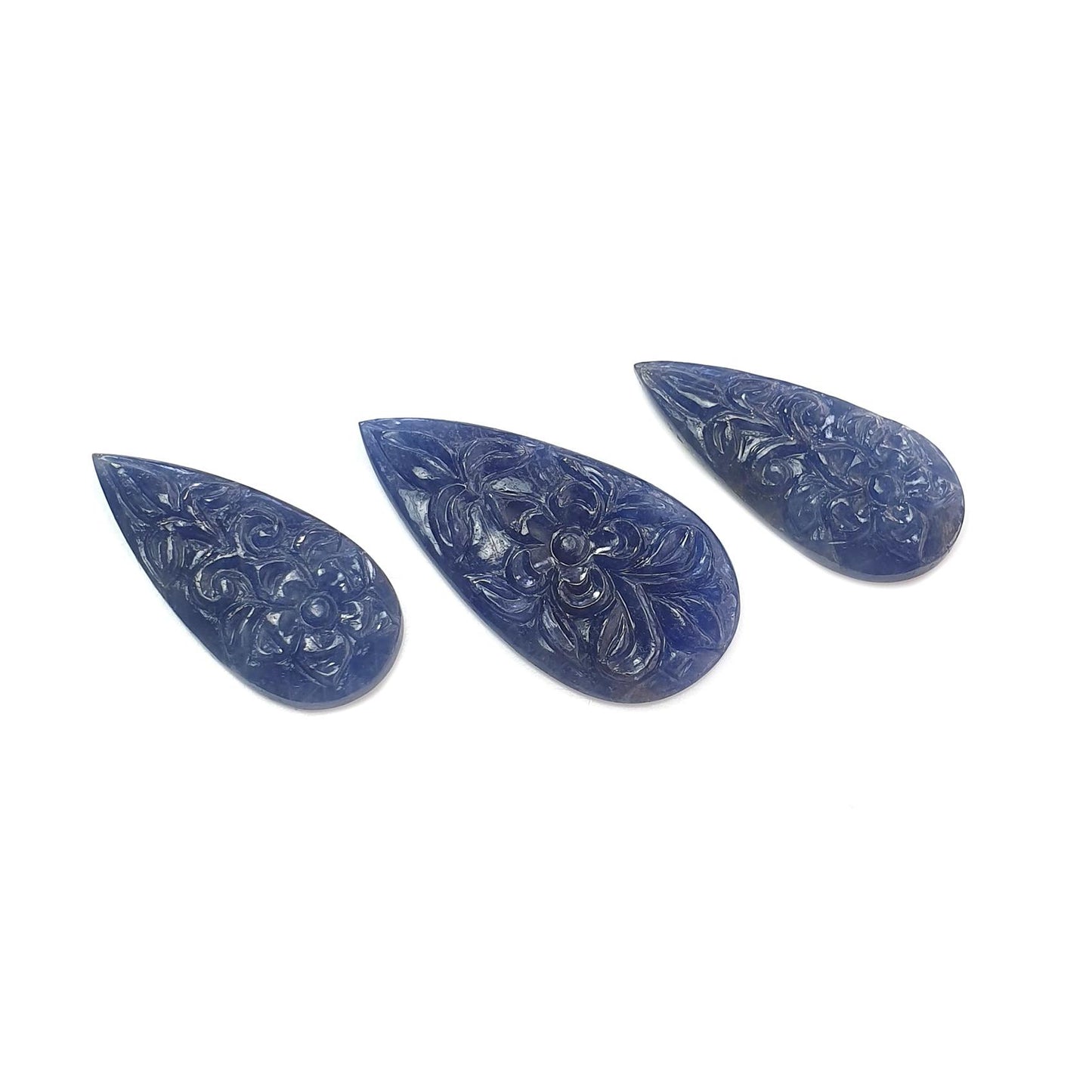 Blue Sapphire Gemstone Carving: 60.00cts Natural Untreated Sapphire Hand Carved Pear Shape 30*14mm - 35*18mm 3pcs Set September Birthstone
