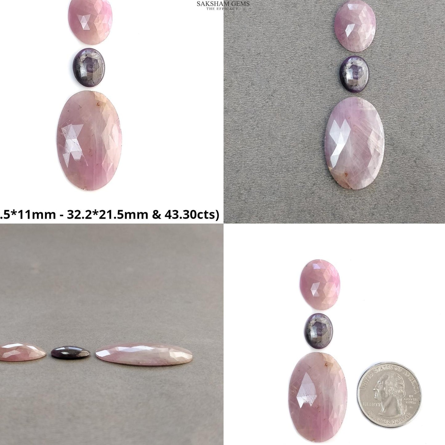 Pink Sapphire Gemstone Rose Cut & Cabochon : Natural Untreated Unheated Round Oval And Pear Shape 3pcs Sets