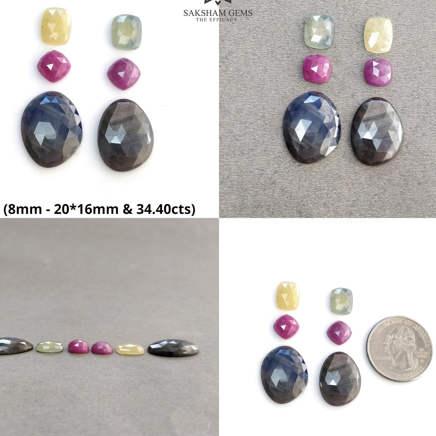 Blue Silver & Multi Sapphire Gemstone Rose Cut : Natural Untreated Unheated Sapphire Cushion Marquise And Oval Shape 6pcs Sets