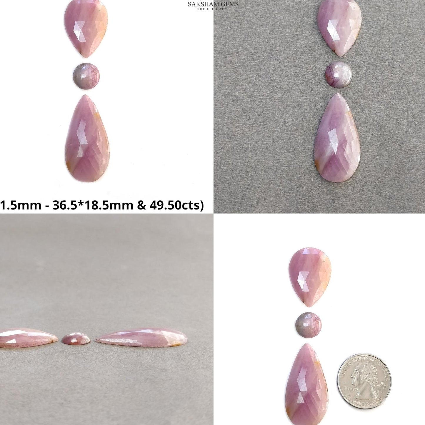 Pink Sapphire Gemstone Rose Cut & Cabochon : Natural Untreated Unheated Round Oval And Pear Shape 3pcs Sets