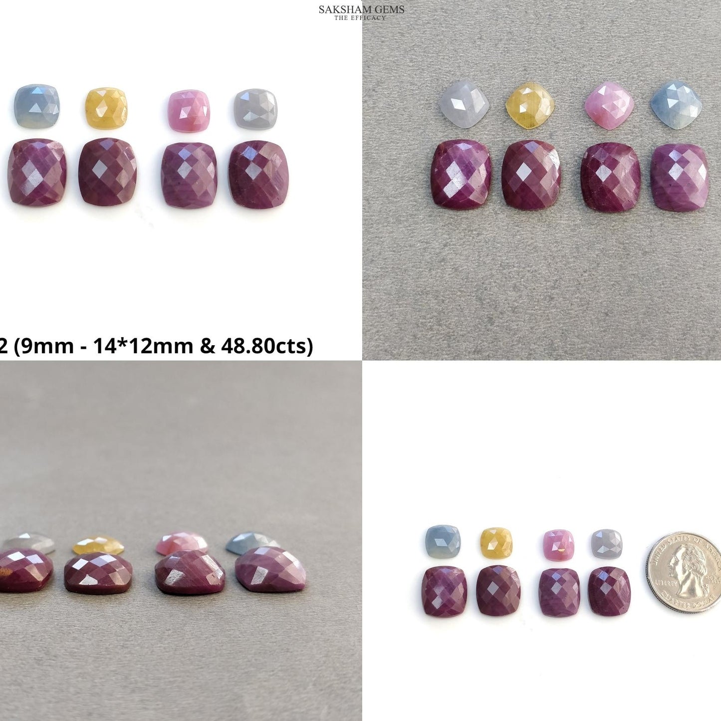 RUBY And Multi SAPPHIRE Gemstone Rose & Checker Cut : Natural Untreated Ruby Sapphire Cushion Shape 8pcs Lots