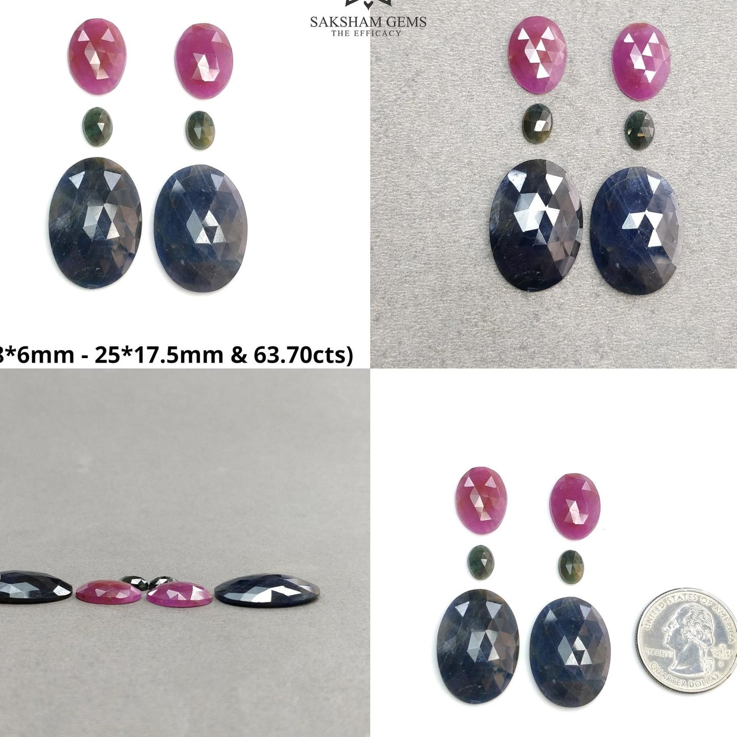 Blue Silver & Multi Sapphire Gemstone Rose Cut : Natural Untreated Unheated Sapphire Cushion And Oval Shape 6pcs Sets