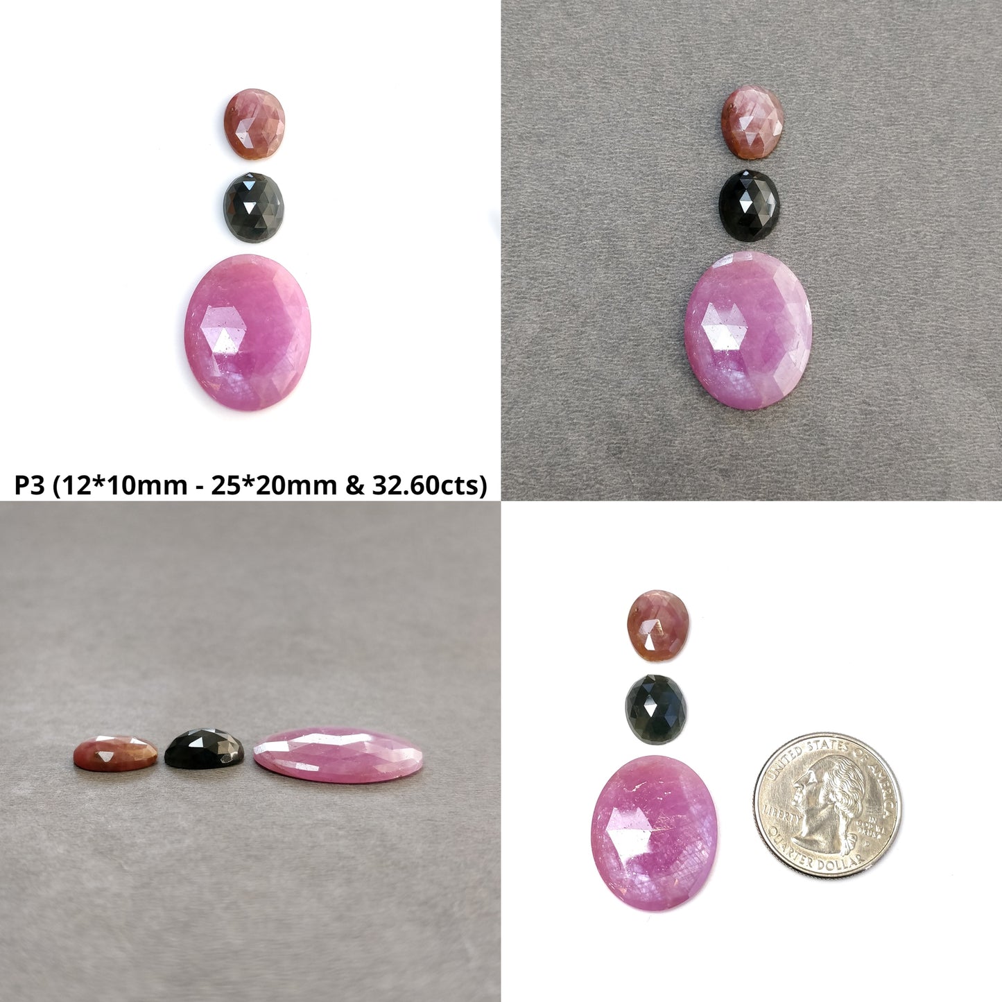 Pink & Yellow Blue Sapphire Gemstone Rose Cut : Natural Untreated Unheated Round Cushion And Oval Shape 3pcs Sets