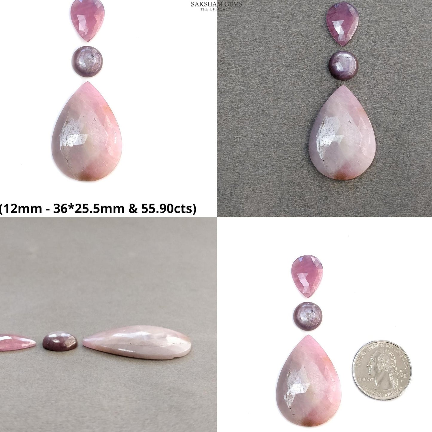 Pink Sapphire Gemstone Rose Cut & Cabochon : Natural Untreated Unheated Round Oval And Pear Shape 3pcs Sets