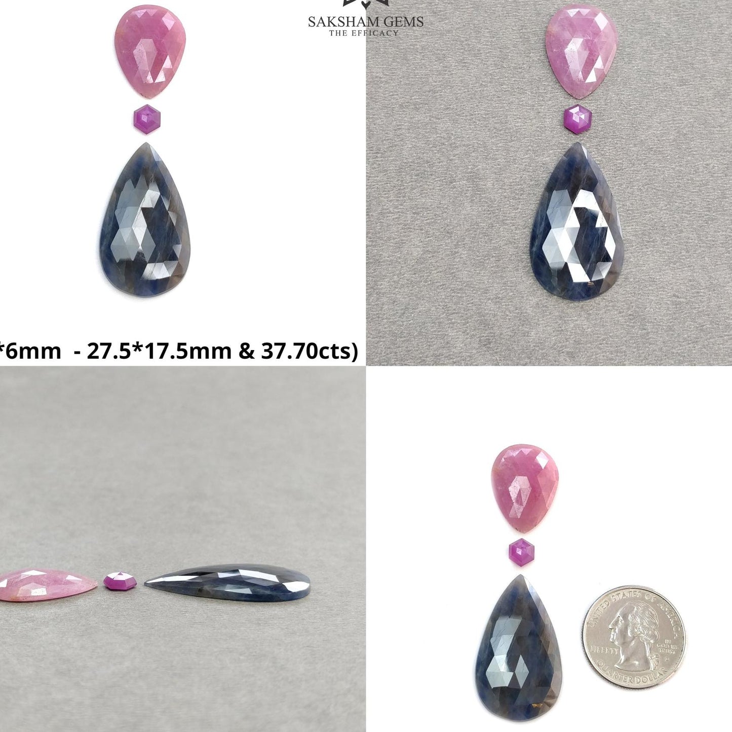 Multi Sapphire Gemstone Rose Cut : Natural Untreated Unheated Sapphire Bi-Color Pear Hexagon Shape 3pcs Sets For Jewelry