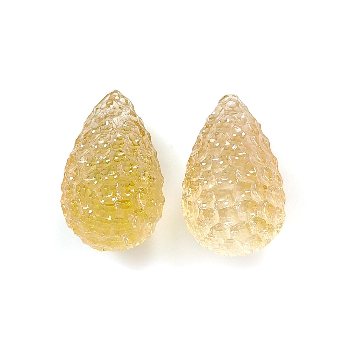 Citrine Gemstone Carving: 61.70cts Natural Untreated Unheated Yellow Citrine Hand Carved Teardrops Shape 24mm Pair November Birthstone
