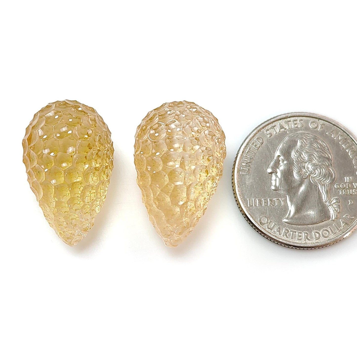 Citrine Gemstone Carving: 61.70cts Natural Untreated Unheated Yellow Citrine Hand Carved Teardrops Shape 24mm Pair November Birthstone