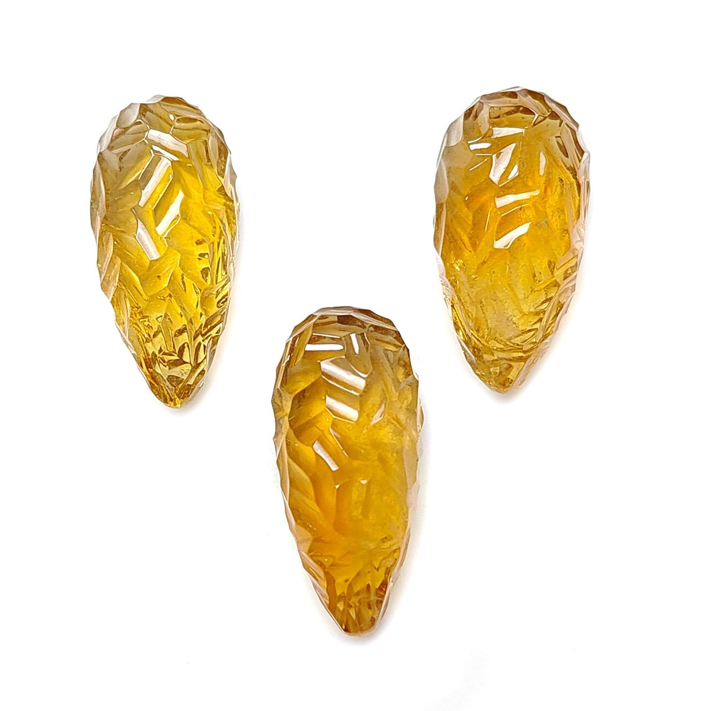 Citrine Gemstone Carving: 81.30cts Natural Untreated Yellow Citrine Hand Carved Teardrops Shape 26mm - 27mm 3pcs Set November Birthstone
