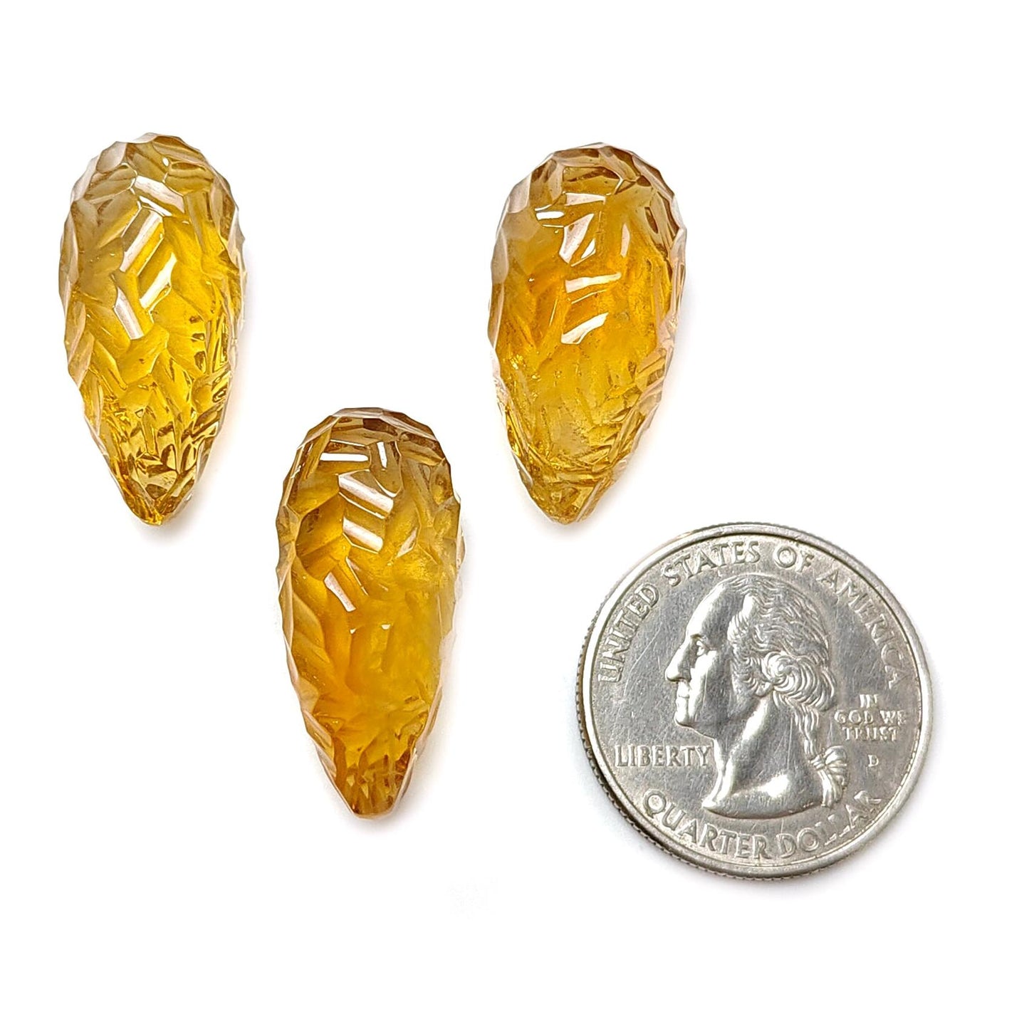 Citrine Gemstone Carving: 81.30cts Natural Untreated Yellow Citrine Hand Carved Teardrops Shape 26mm - 27mm 3pcs Set November Birthstone