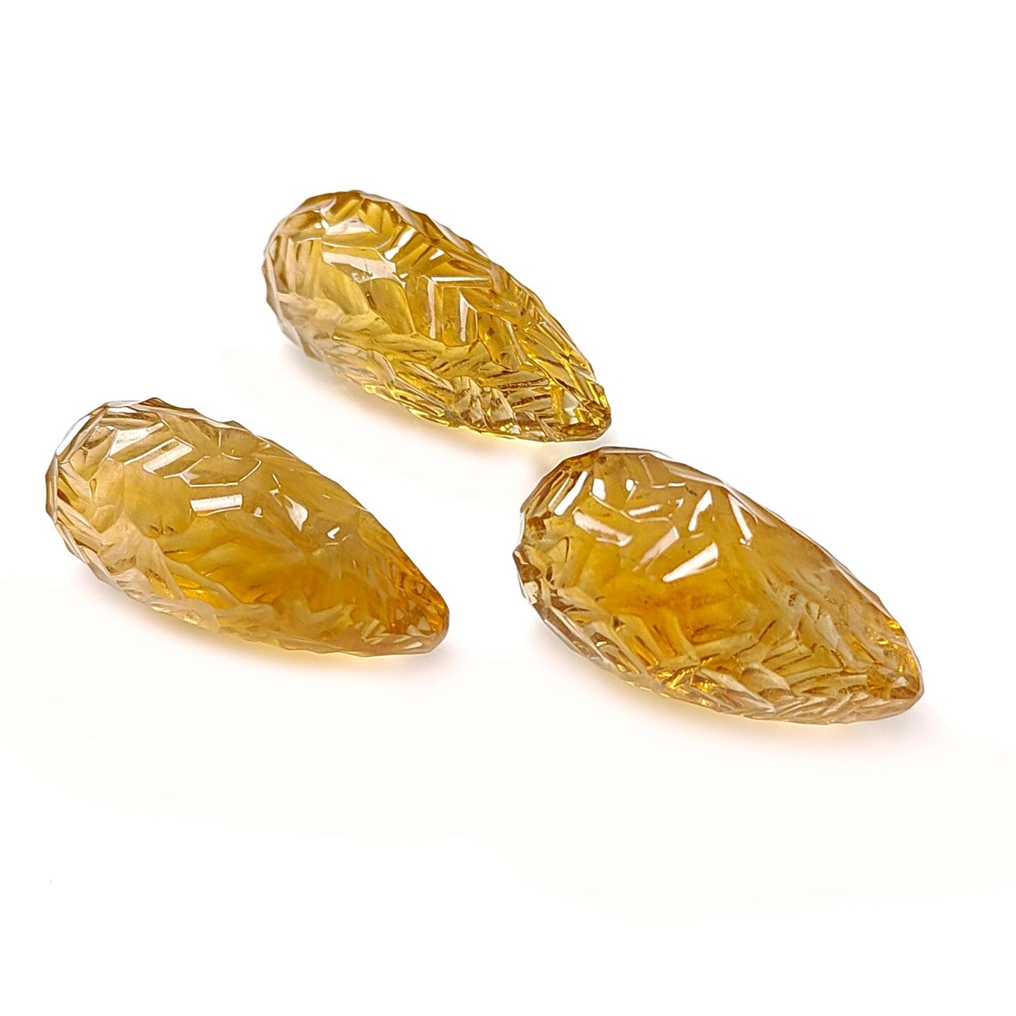 Citrine Gemstone Carving: 81.30cts Natural Untreated Yellow Citrine Hand Carved Teardrops Shape 26mm - 27mm 3pcs Set November Birthstone