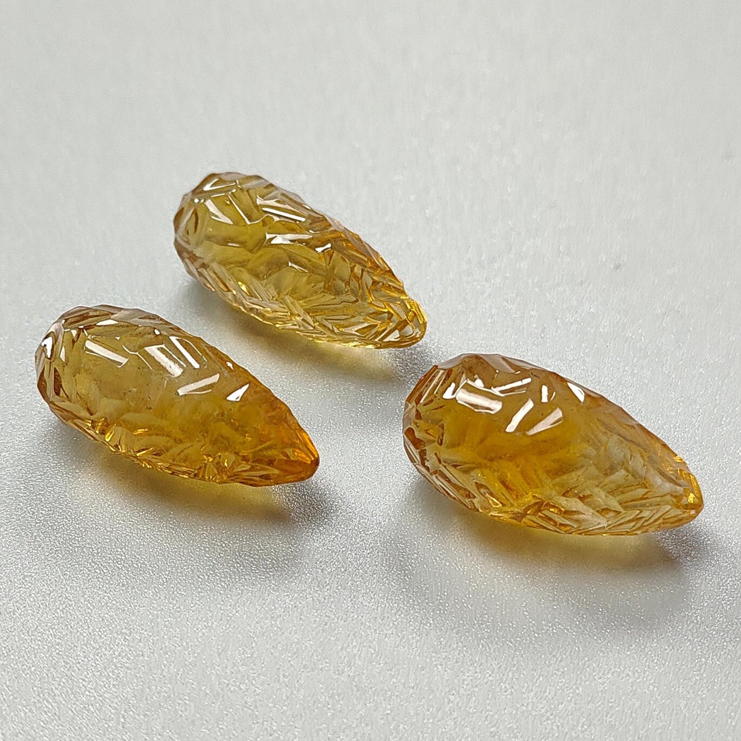 Citrine Gemstone Carving: 81.30cts Natural Untreated Yellow Citrine Hand Carved Teardrops Shape 26mm - 27mm 3pcs Set November Birthstone