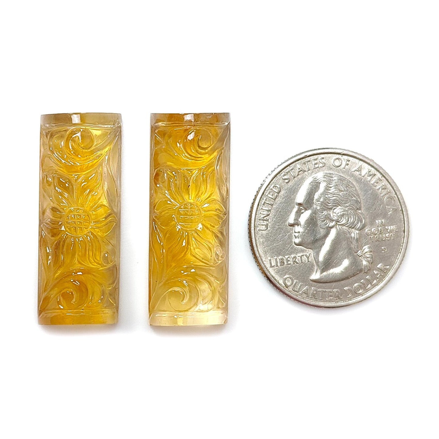Citrine Gemstone Carving: 49.30cts Natural Untreated Yellow Citrine Hand Carved Baguette Shape 32*12mm Pair for Jewelry November Birthstone