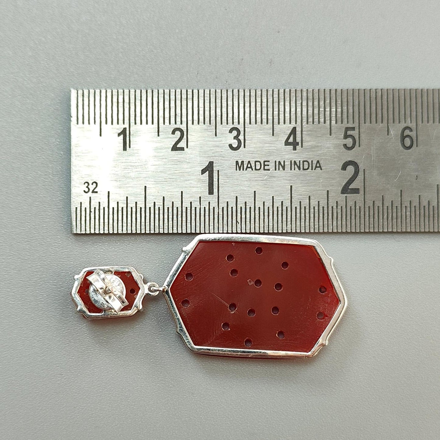 Orange Onyx Carving Silver Earring: 12.04gms Natural Onyx Hand Carved Hexagon Shape 925 Sterling Silver Prong Set Push Back Stud Earring 2"