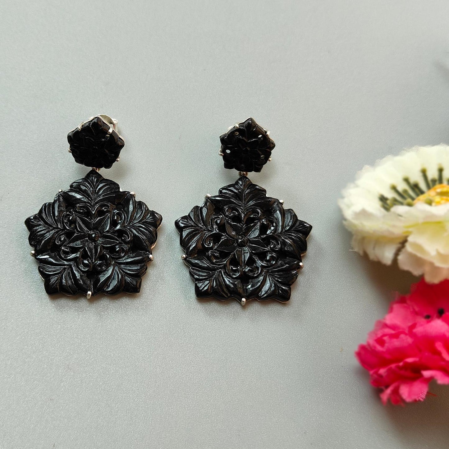 Black Onyx Carving Silver Earring: 14.82gms Natural Onyx Hand Carved Hexagon Shape 925 Sterling Silver Prong Set Push Back Stud Earring 2"