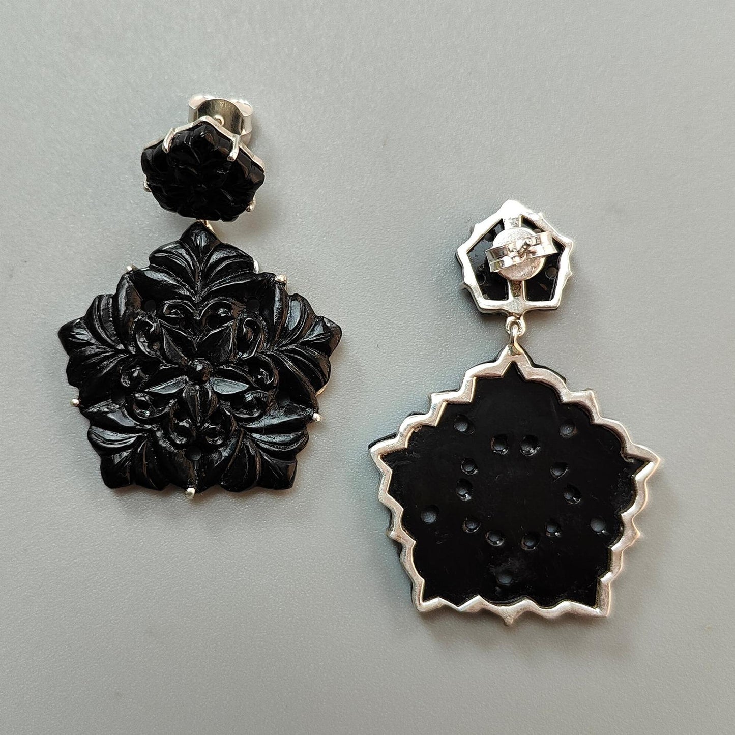 Black Onyx Carving Silver Earring: 14.82gms Natural Onyx Hand Carved Hexagon Shape 925 Sterling Silver Prong Set Push Back Stud Earring 2"