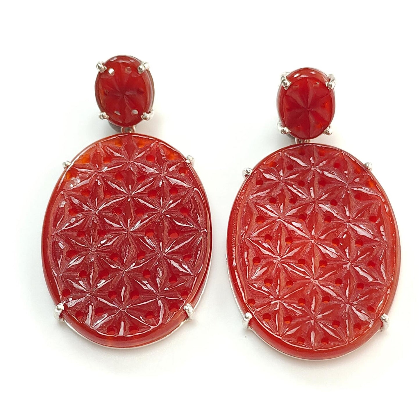 Orange Onyx Carving Silver Earring: 15.21gms Natural Onyx Gemstone Oval Shape Hand Carved 925 Sterling Silver Prong Set Stud Push Back Earring 2.00"