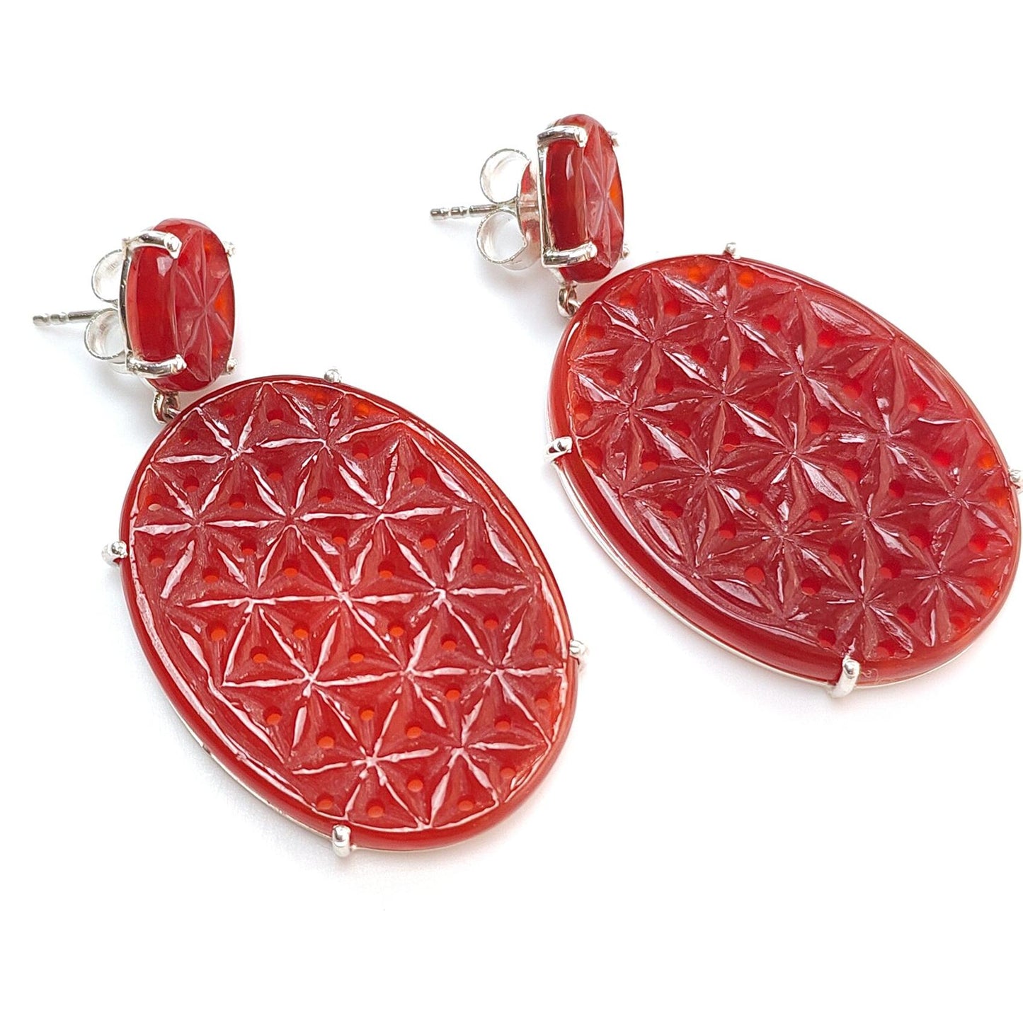 Orange Onyx Carving Silver Earring: 15.21gms Natural Onyx Gemstone Oval Shape Hand Carved 925 Sterling Silver Prong Set Stud Push Back Earring 2.00"