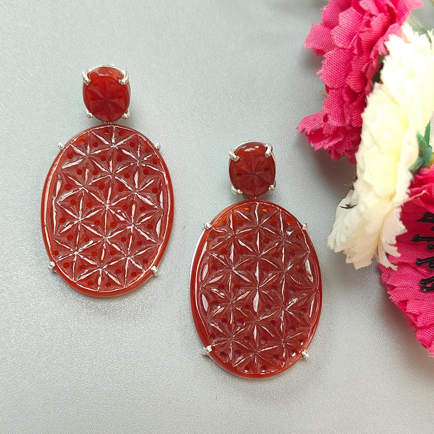 Orange Onyx Carving Silver Earring: 15.21gms Natural Onyx Gemstone Oval Shape Hand Carved 925 Sterling Silver Prong Set Stud Push Back Earring 2.00"