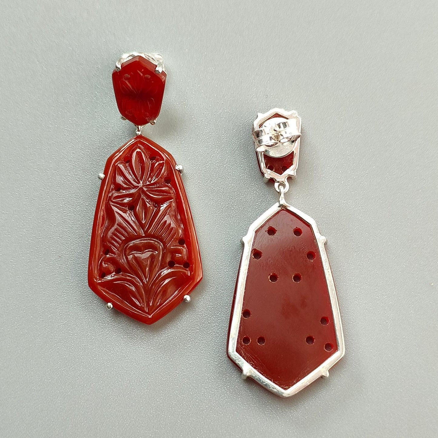 Orange Onyx Carving Silver Earring: 12.65gms Natural Onyx Hand Carved Fancy Shape 925 Sterling Silver Prong Set Push Back Stud Earring 2"