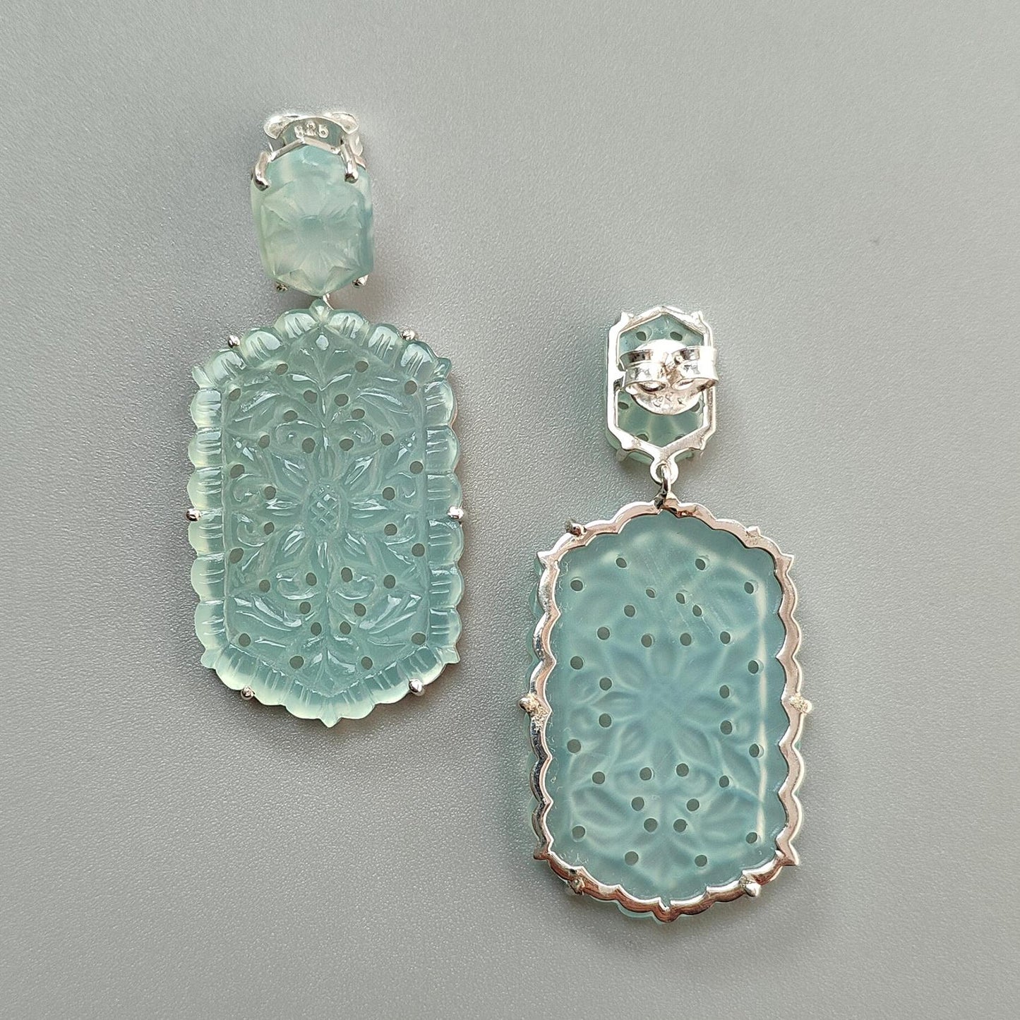 Blue Onyx Carving Silver Earring: 16.16gms Natural Onyx Hand Carved Hexagon Shape 925 Sterling Silver Prong Set Push Back Stud Earring 2.30"