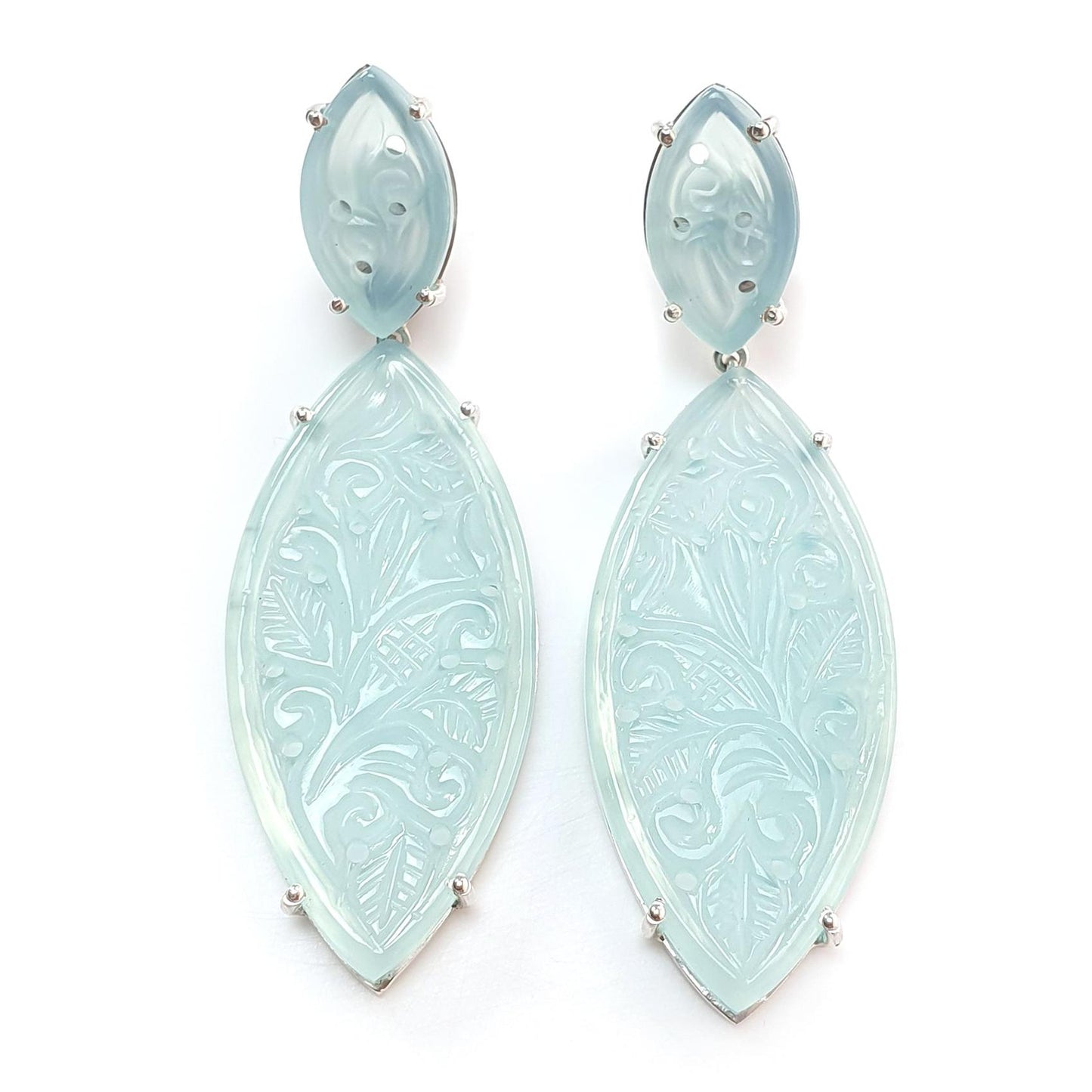 Blue Onyx Carving Silver Earring: 15.91gms Natural Onyx Gemstone Marquise Shape Hand Carved 925 Sterling Silver Prong Set Stud Push Back Earring 2.50"